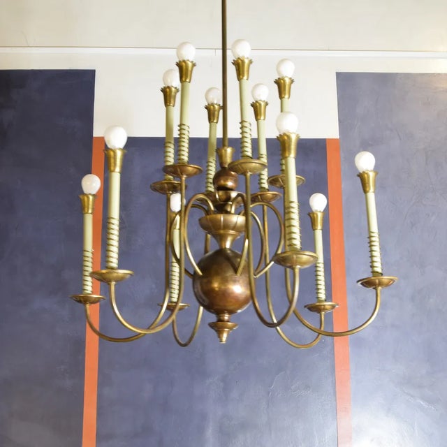 Brass 12-Light Pendant Chandelier, Italy, 1950s, in Good conditions. Designed 1950 to 1959 Up to 250V (Europe/UK...
