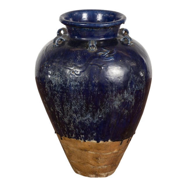 Large Antique 19th Century Thai Cobalt Blue Martaban Jar with Dragon Motif For Sale