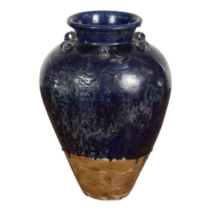 Large Antique 19th Century Thai Cobalt Blue Martaban Jar with Dragon Motif