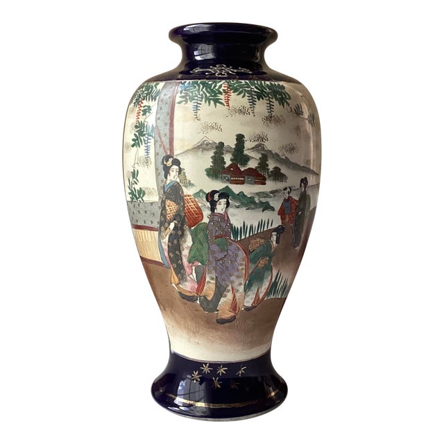 VTG/Antique Japanese Cobalt Porcelain Satsuma Figural Vase, Marked, 12 1/2” Tall For Sale
