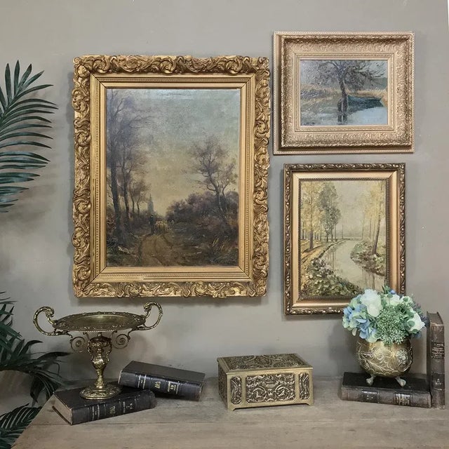 Antique Framed Landscape Oil Painting on Canvas is a classic pastoral but oriented on the vertical allowing the stream to...