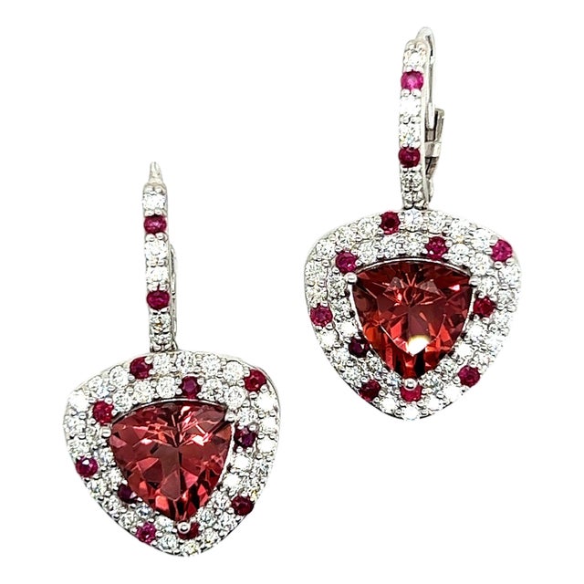 Natural Tourmaline Ruby Diamond Dangle Earrings 14k WG 10.53 TCW Certified For Sale