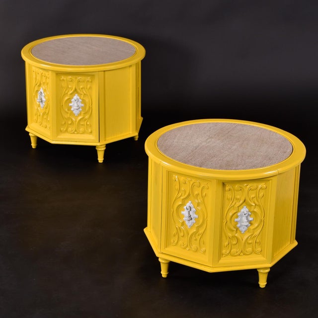 Matching pair of round vintage 1970s Mediterranean end tables. These side tables have been restored and restyled with...