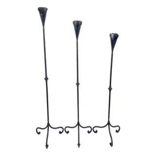 Hand Forged Iron Candelabra Set of 3 (97-117cm) Antique Copper Finish Slender Stem with Lily Cups For Sale