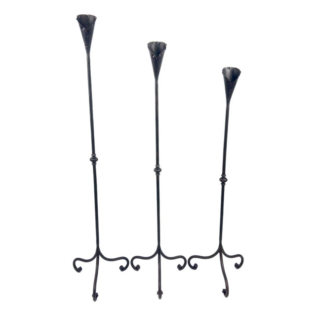 Hand Forged Iron Candelabra Set of 3 (97-117cm) Antique Copper Finish Slender Stem with Lily Cups For Sale