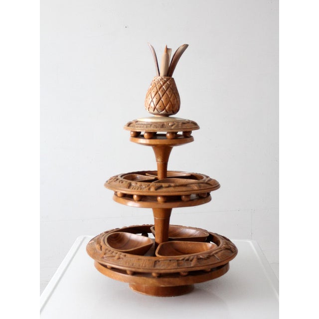 Vintage Mid-Century Carved Wood Tiered Lazy Susan With Pineapple Finial For Sale - Image 16 of 17