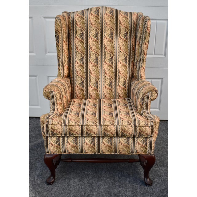 Queen Anne Vintage Queen Anne Wingback Chair Mahogany Cabriole Leg Striped Tapestry Floral For Sale - Image 3 of 15