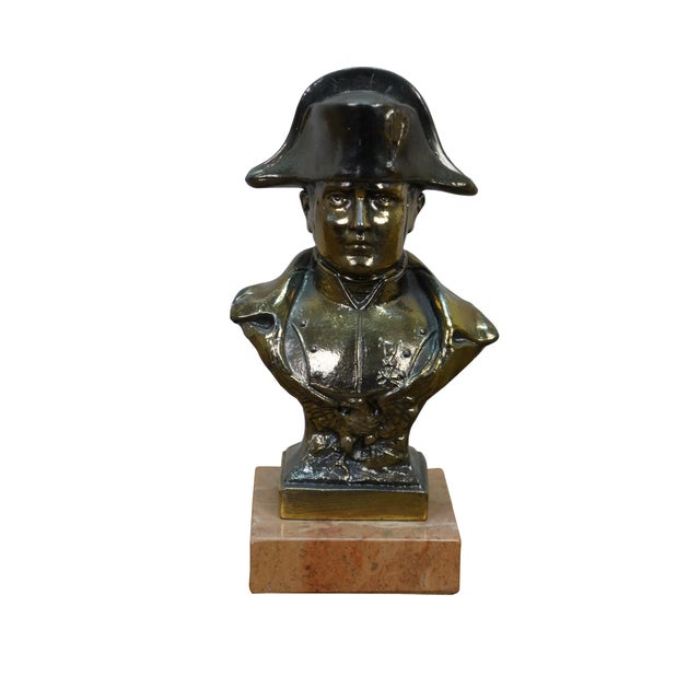 Vintage cast spelter metal Napoleon bust statue featuring the famous military officer in Regalia uniform and spread wing...