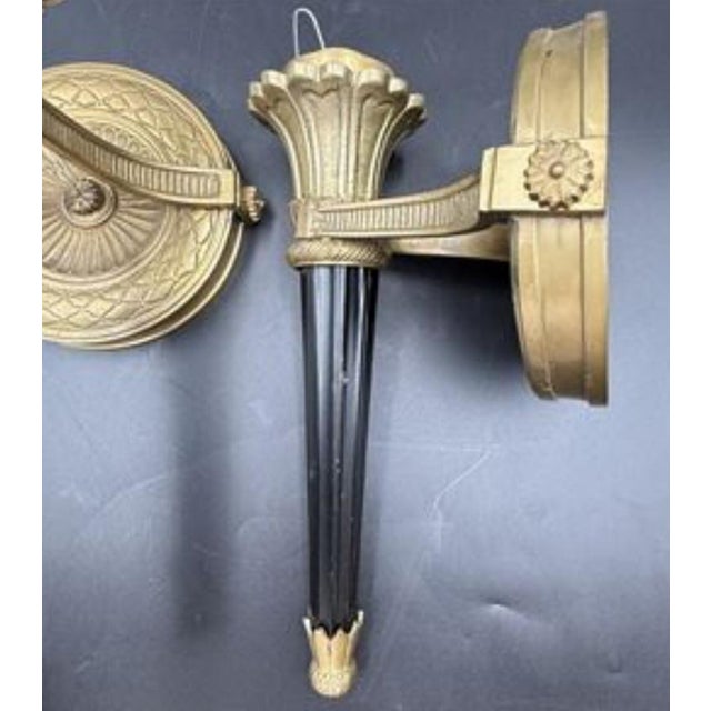 Mid 20th Century Mid 20th Century Neoclassical Cast Brass Torch Sconces — a Pair Sculptural French-Inspired Architectural Lighting For Sale - Image 5 of 9