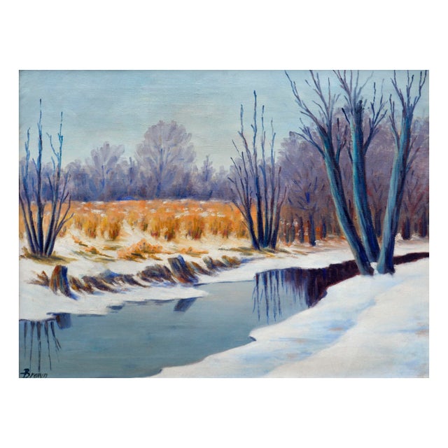 Gorgeous landscape oil painting of winter pond by H.A. Brown (American, 20th Century). Presented in a giltwood frame....