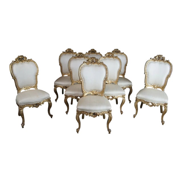 8 Antique Swedish 18th Century Baroque French Louis XV Rococo Gilt Dining Chairs For Sale