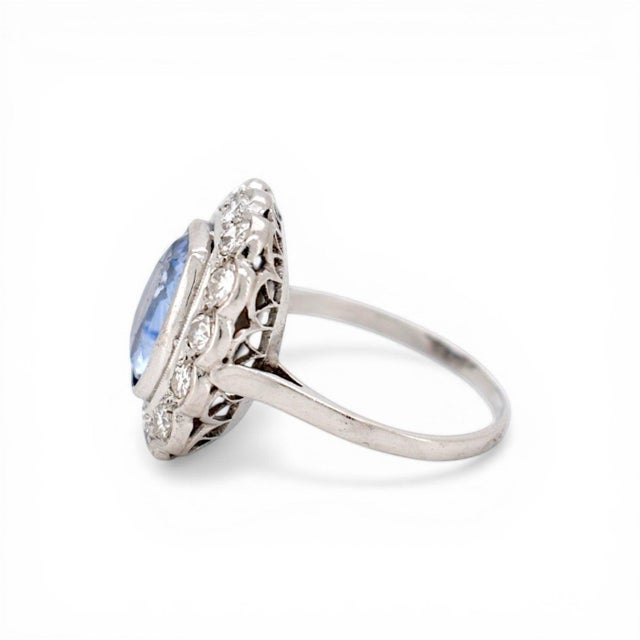 Metal Art Deco Platinum Pompadour Ring - 4ct Unheated Ceylon Sapphire & Diamonds, Size 7.25 For Sale - Image 7 of 7