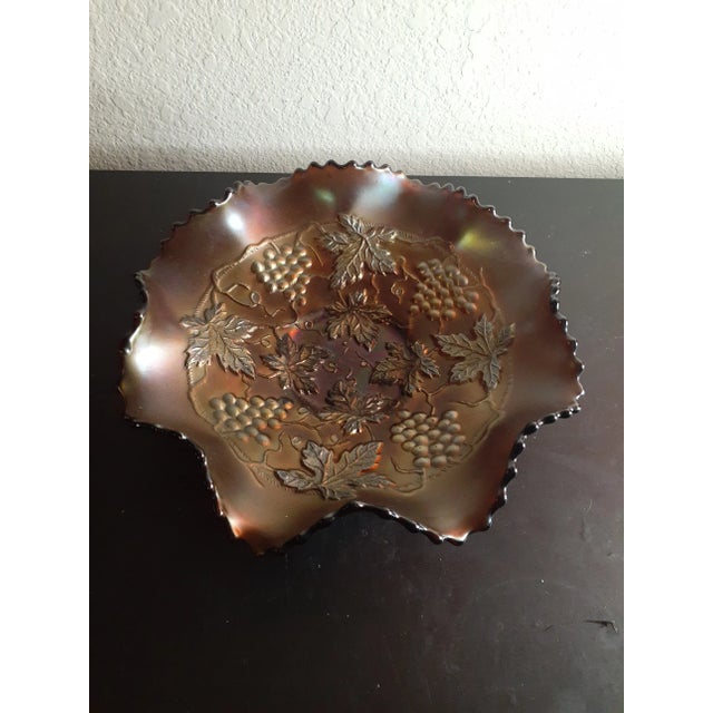 Art Deco Vintage Northwood Grape Cable Amethyst Ruffled Carnival Glass Bowl For Sale - Image 3 of 7