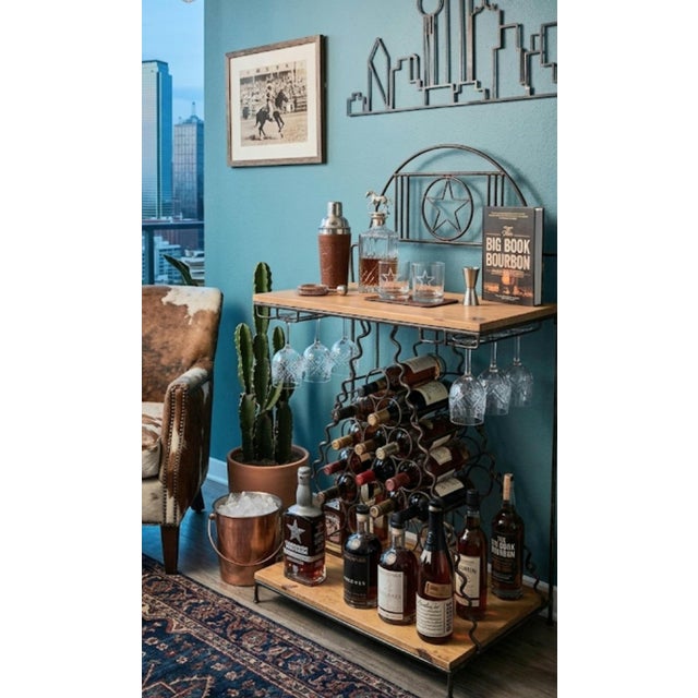 Hand Forged Iron Wood Texas Star Rustic Ranch Style Dry Bar For Sale In West Palm - Image 6 of 7