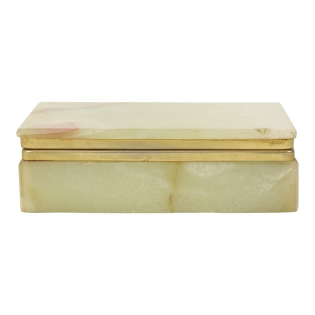 Vintage cigarette case or jewelry box made of natural onyx stone, decorated with gold-colored (copper-plated) metal...