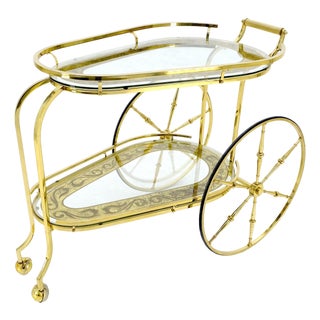 Brass Etched Glass Mid Century Modern Serving Bar Cart Wagon Style Wheels MINT For Sale