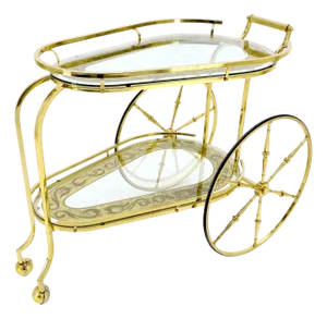 Brass Etched Glass Mid Century Modern Serving Bar Cart Wagon Style Wheels MINT