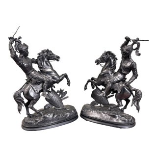 Antique French Pair of Patinated Spelter Sculptures Knights on Horseback For Sale