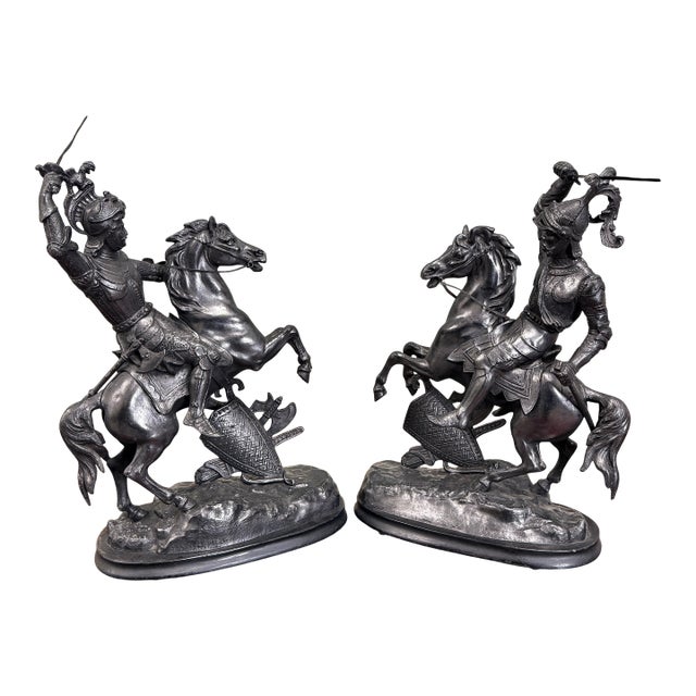 Antique French Pair of Patinated Spelter Sculptures Knights on Horseback For Sale