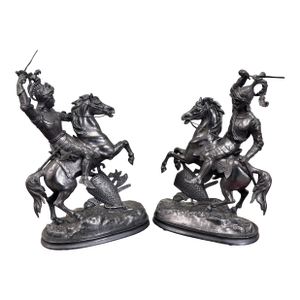 Antique French Pair of Patinated Spelter Sculptures Knights on Horseback