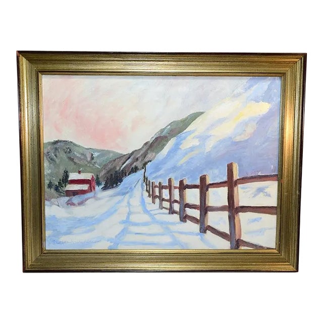 Original Vintage Impressionistic Painting of a Mountain Home Pastoral Snow Scene For Sale