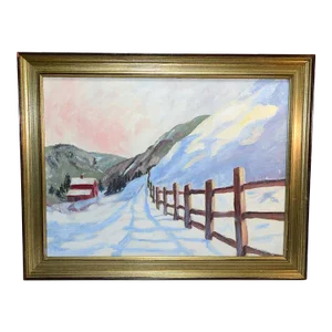 Original Vintage Impressionistic Painting of a Mountain Home Pastoral Snow Scene