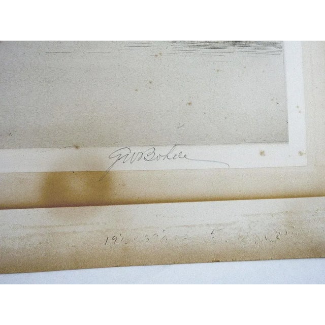 Antique circa 1890's etching on paper by George W. Bohde (1857 - 1914) America. Riverside landscape with fishermen. Signed...