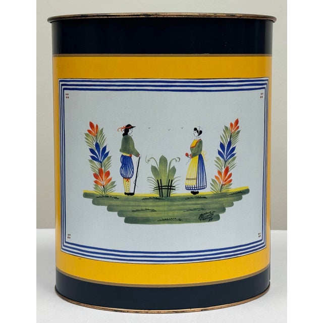 Vintage metal Lady Clare waste bin with Breton folk costume figures in the known pattern of Henriot Quimper. Colorful and...
