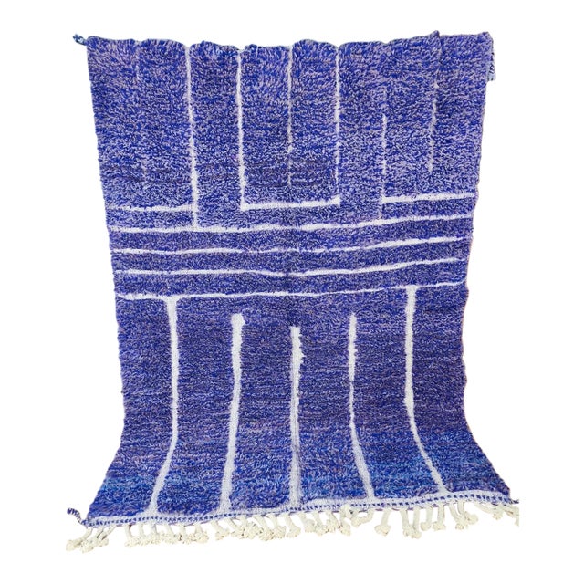 Cobalt Blue Geometric Wool Moroccan Beni Ourain Rug For Sale