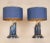 Vintage Italian table lamps, a pair. Depicting collumns of faux Lapis Lazuli with gold brass The blue lampshade is gold...
