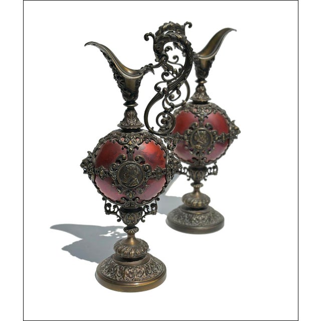 Metal 19thC Antique Ornate Brass Commemorative European Decorative Ewers-Set of Two For Sale - Image 7 of 10