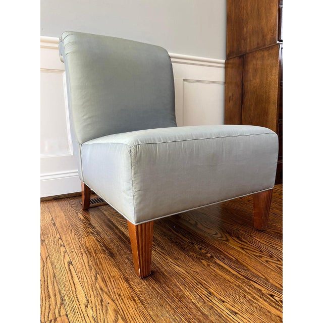 Baker Furniture Company Pair of Barbara Barry for Baker Celadon Silk, Scroll Back Slipper Chairs For Sale - Image 4 of 12