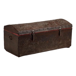 Spanish Wooden Trunk in Leather For Sale