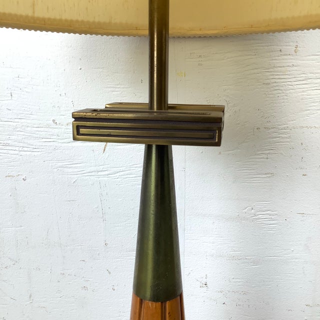 Mid 20th Century Sculptural Mid-Century Modern Walnut and Brass Table Lamp With Oversized Drum Shade For Sale - Image 12 of 12