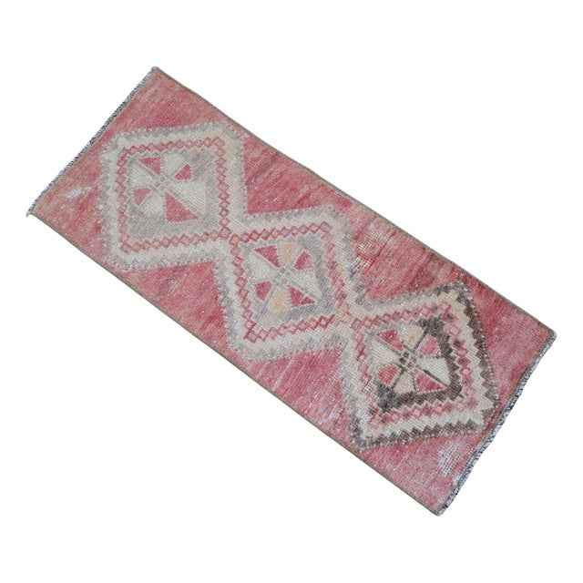 1970s Vintage Faded Pink Turkish Rug 1x3 Hand Knotted Small Boho Mat Wool Runner Decor For Sale - Image 5 of 11