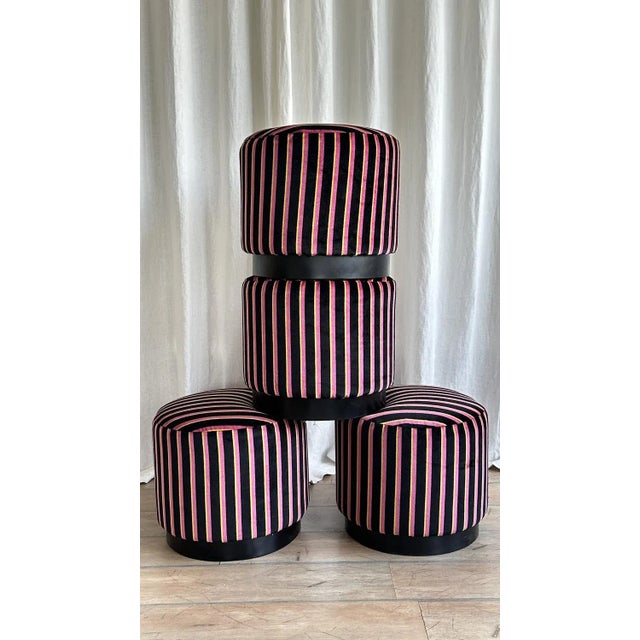 Modern Pink and Yellow Striped Black Velvet Pouf, 2000s For Sale - Image 12 of 13