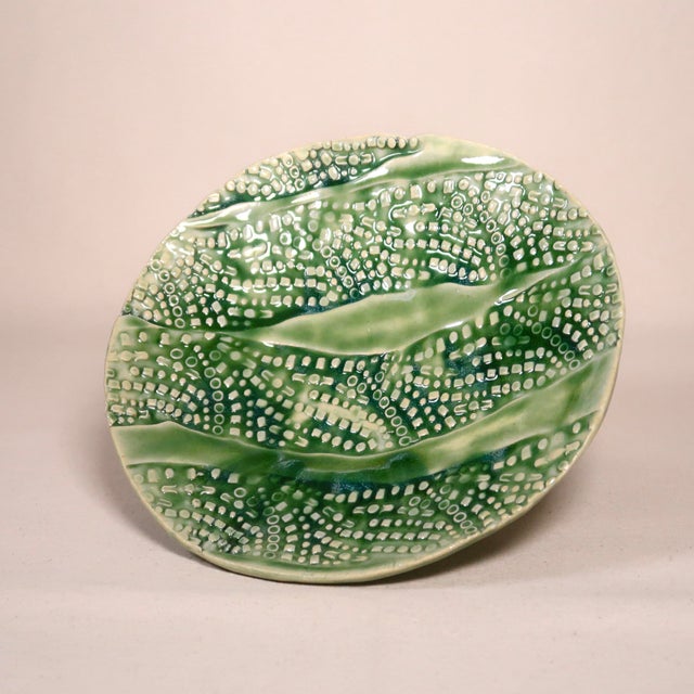Ceramic Late 20th Century Signed Wabi Sabi Studio Pottery Sculptural Green Abstract Pattern Textured Pedestal Bowl For Sale - Image 7 of 16