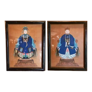 1930s Pair of Chinese Ancestorial Portrait Paintings, Framed