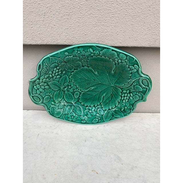 19th-Century English Green Majolica Strawberry & Grapes Platter.
