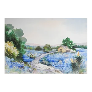 Late 20th Century Bluebonnet and Farm Landscape Watercolor Painting
