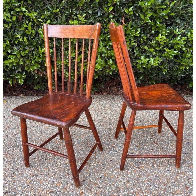 Rustic Primitive Small Scale Mid 19th Century Bamboo-Turned Windsor Side Chairs With Single Board Seats, a Pair For Sale - Image 9 of 9