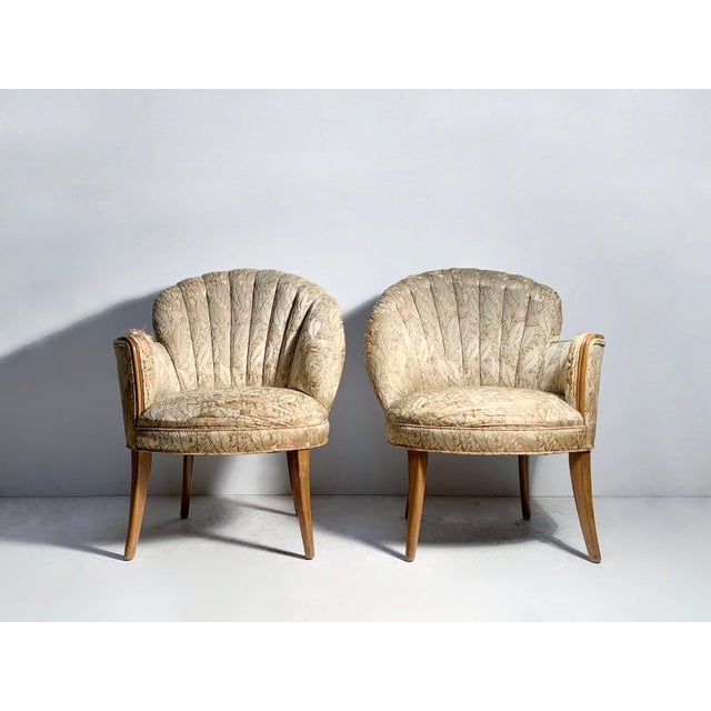 Glamour Pair of Vintage Asymmetrical Fan back chairs. Style of Dorothy Draper / Gilbert Rohde These will require...