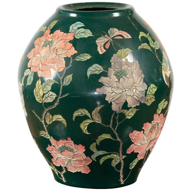 Vintage Chinese Handcrafted Green Vase with Incised Floral and Butterfly Decor For Sale - Image 11 of 11