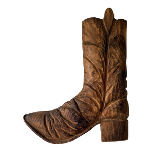 Mid 20th Century American Folk Art Large Carved Wood Cowboy Boot, Signed