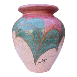 1980s Mindy Brunn Raku Studio Southwestern Turquoise Pottery Vase Spider Web