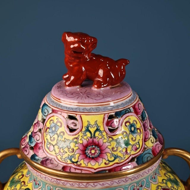 Ceramic Late 20th Century Yellow Famille Rose Porcelain Censer With Gilt Handles and Lion Finial For Sale - Image 7 of 10