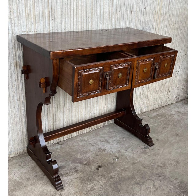 Spanish Early 20th Century Spanish Colonial Narrow Console Table with Two Drawers with Iron Hardware For Sale - Image 3 of 18