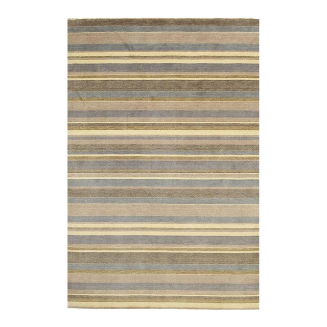 56x8 Blue Hand-Knotted Wool Subtle Striped Texture Geometric Modern Carpet Rug For Sale