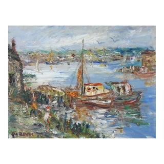 Late 20th Century Impressionist Harbor Scene Painting For Sale
