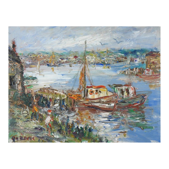Late 20th Century Impressionist Harbor Scene Painting For Sale